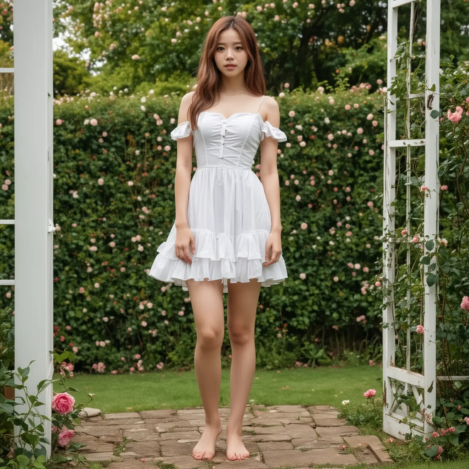 16YearOld-Girl-in-a-Short-White-Dress-Standing-Barefoot-in-a-Garden