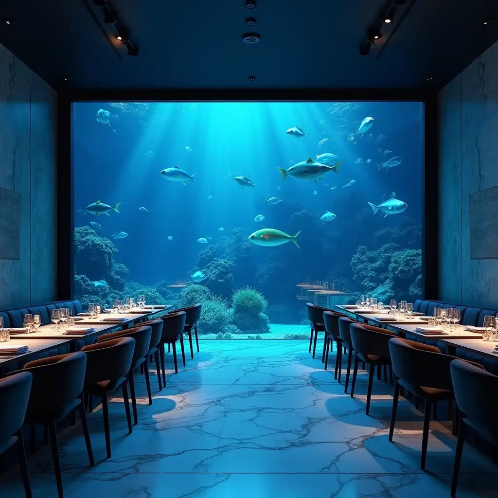 A first class restaurant, ambient lighting, the restaurant is segmented into two parts, divided by a very large aquarium with all kinds of tropical fish, small bubbles arising in the aquarium, the restaurant floor is sky blue with white marble like streaks