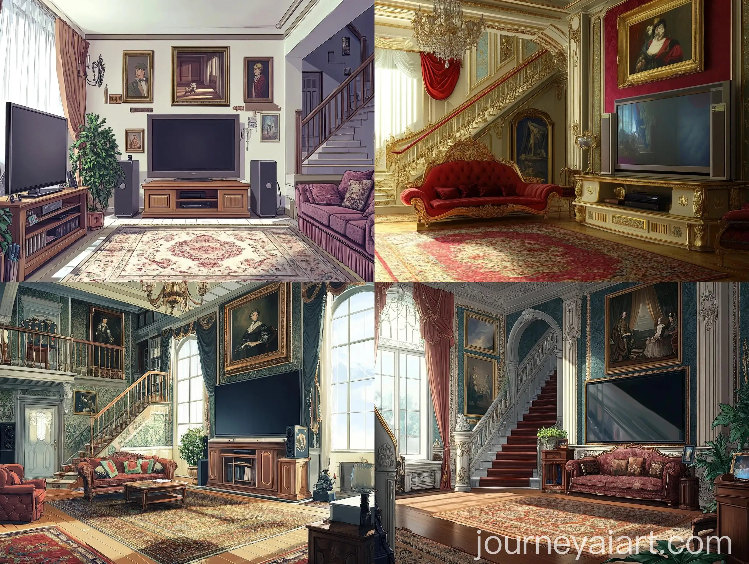 AnimeStyle-Guest-Room-with-Sofa-TV-Staircase-and-Historical-Paintings