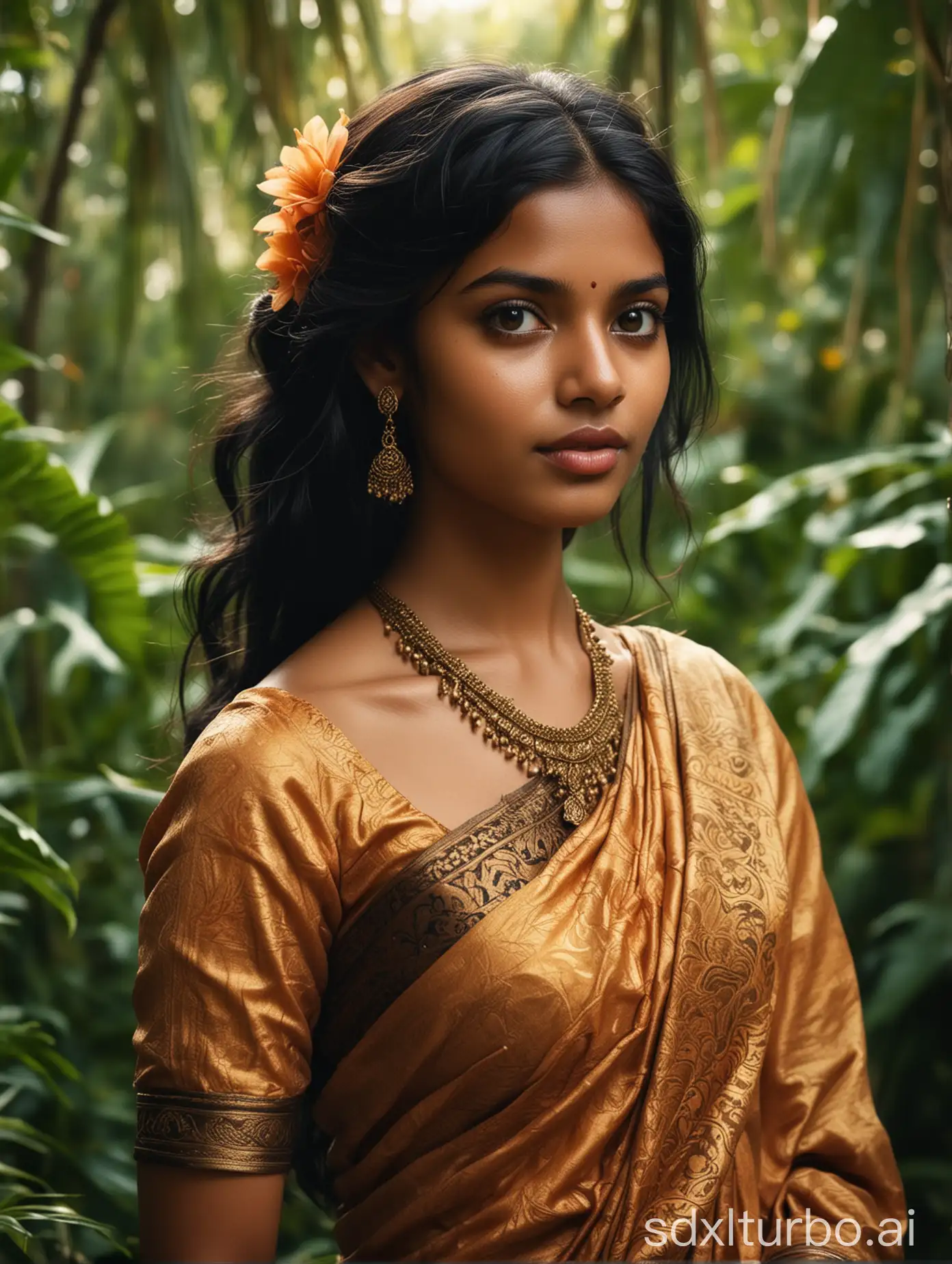 Create a realistic depiction of a Sri Lankan girl, 22 years old. She has warm brown skin, glossy black hair cascading down her back, and expressive dark brown eyes. Her attire blends traditional Sri Lankan elements with modern fashion—perhaps a vibrant sari with elegant accessories. Place her in a lush, tropical setting with vivid greenery, or against the backdrop of a serene ocean at sunset. Focus on fine details to highlight her natural beauty and cultural essence.