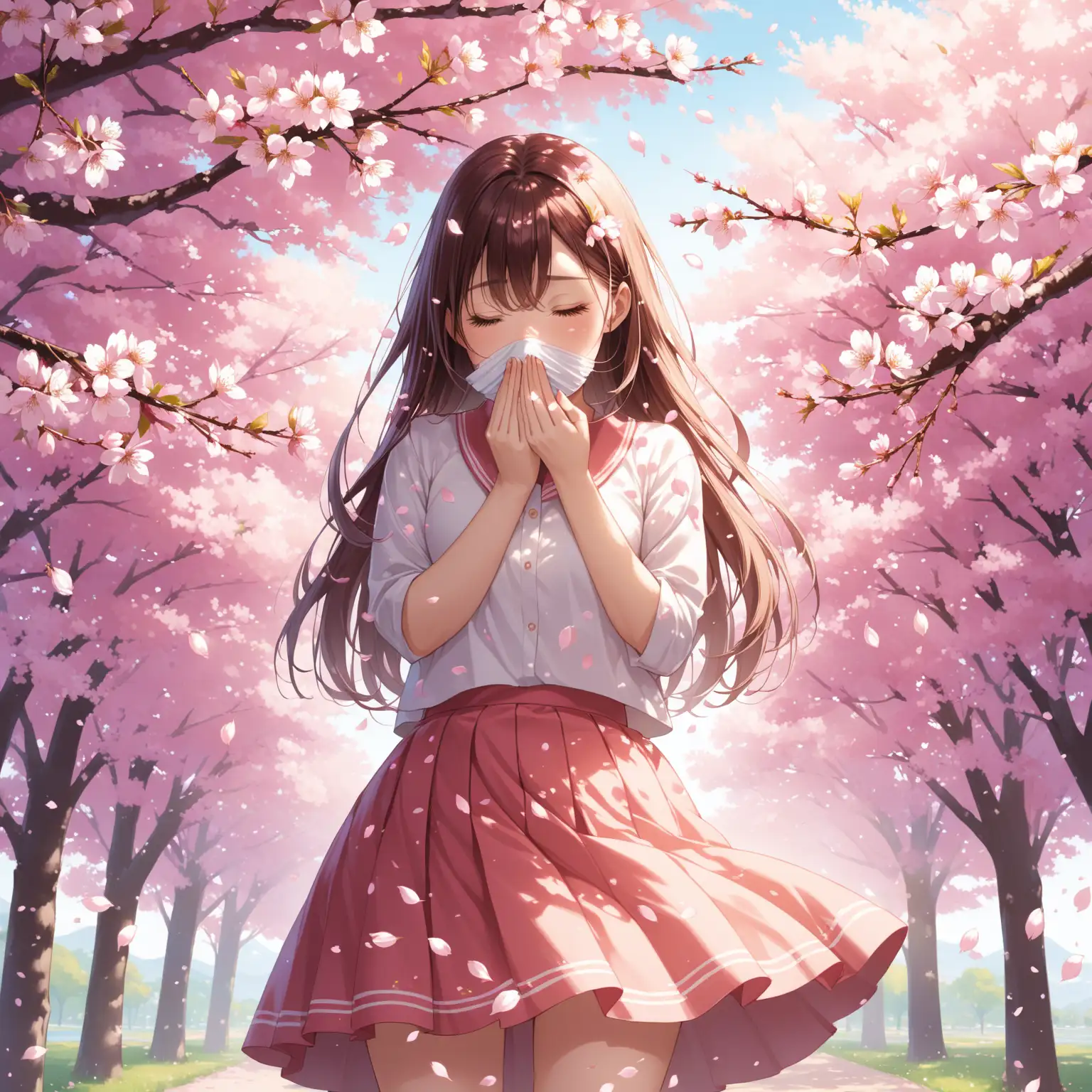 Girl-in-a-Skirt-Standing-Under-Cherry-Blossom-Tree-with-Petals-in-the-Air