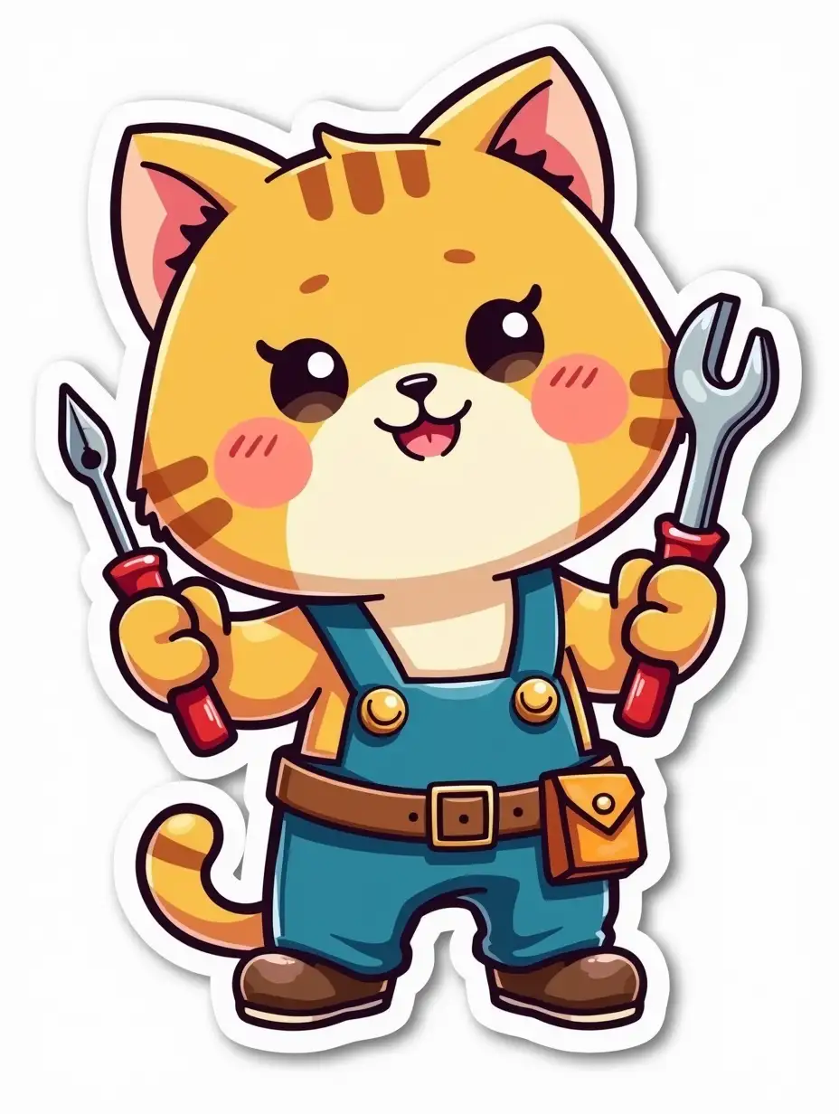 kawaii positive happy fluffy cat mechanical with a screwdriver and a wrench in his hands in a overalls and safety belt vibrant and dynamic die cut sticker design  top-view, high resolution, vector art,  UV laminated, white background, paint in anime style