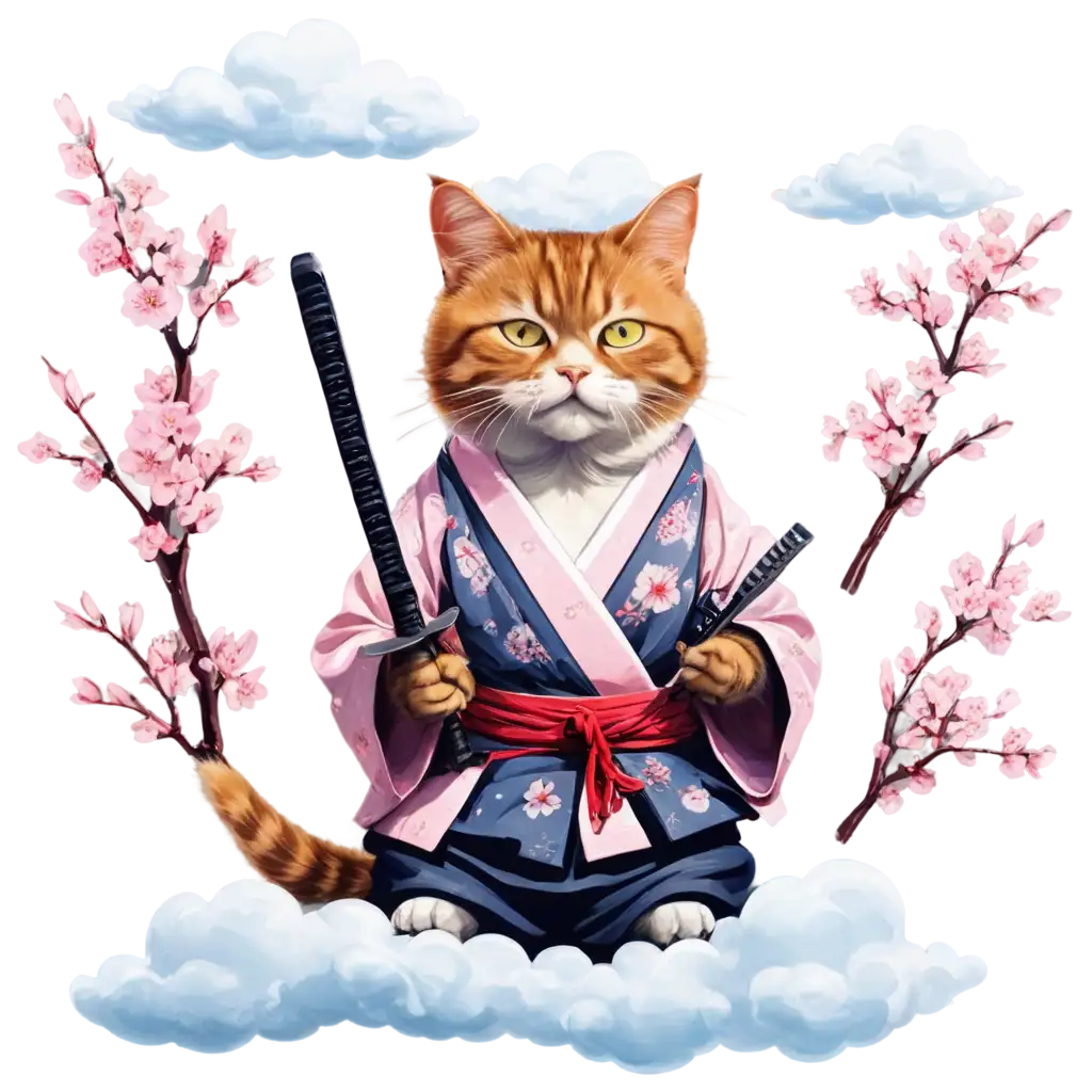 Samurai-Cat-Meditating-on-Clouds-with-Katana-Sword-PNG-Image-for-Digital-Art-and-Design