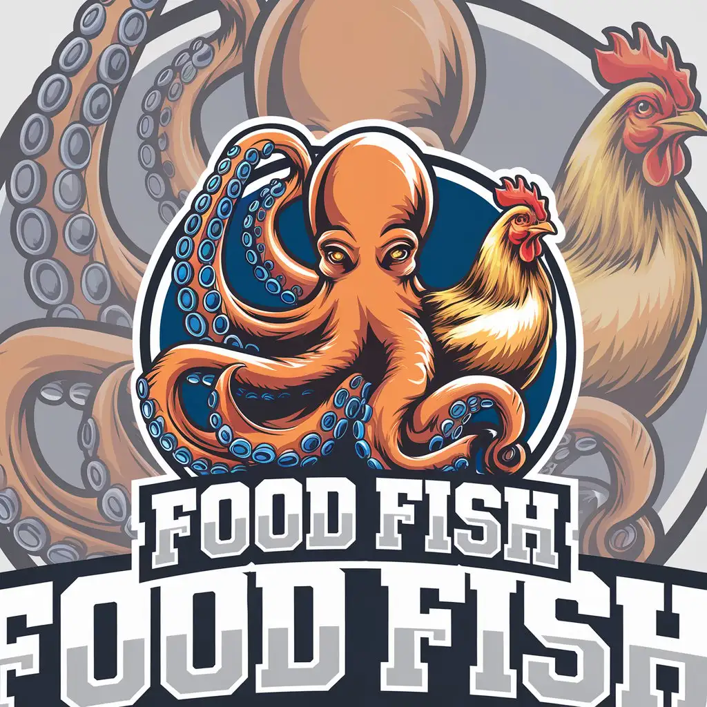 a vector logo design,with the text "FOOD FISH", main symbol:OKTOPOD BIG WITH MANY PIPES ON A BEAUTIFUL HEN AND BEAUTIFULLY RED-BLUE WITH VIOLET SHADES,complex,clear background