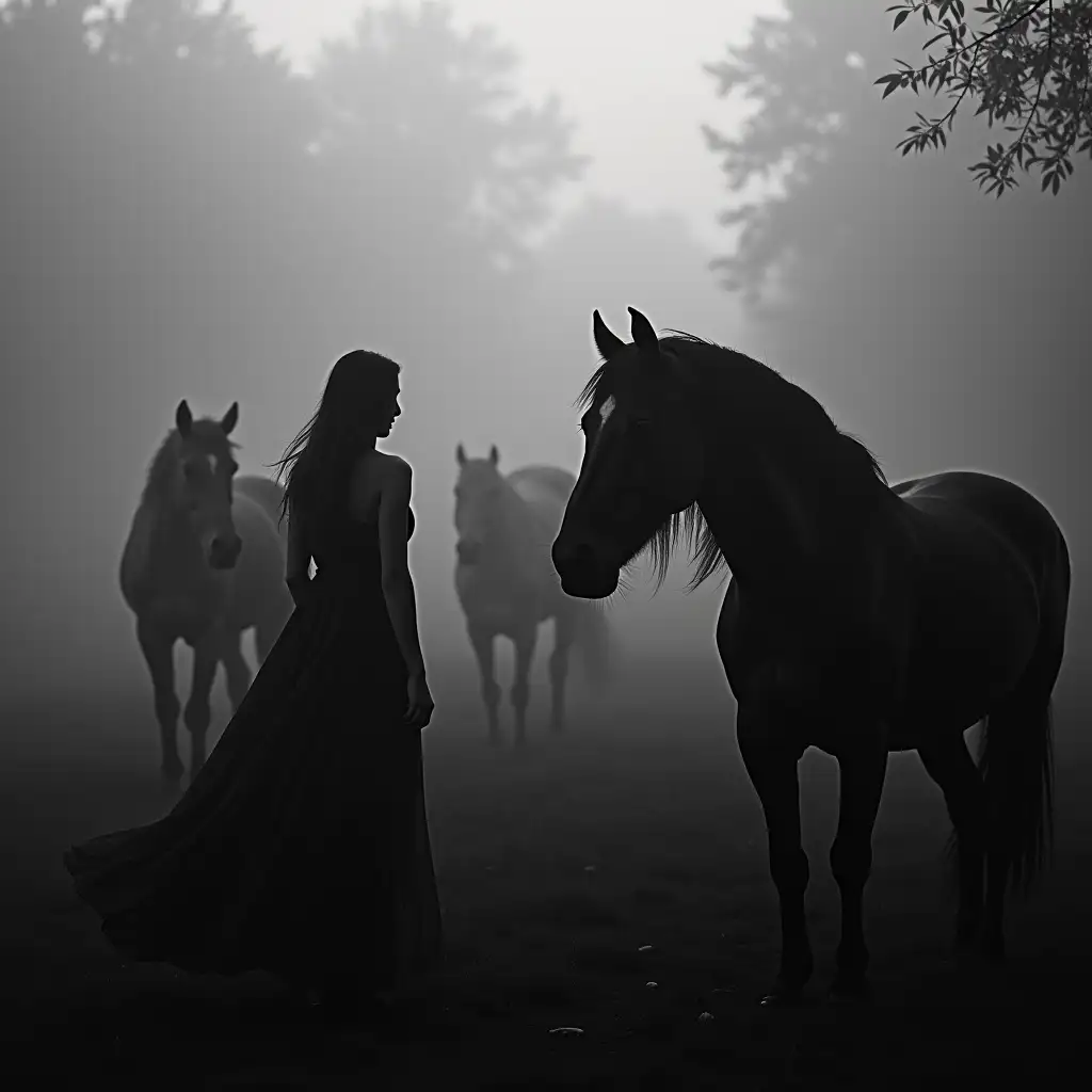 Woman-in-Mist-Surrounded-by-Black-Horses-in-Black-and-White-Photo