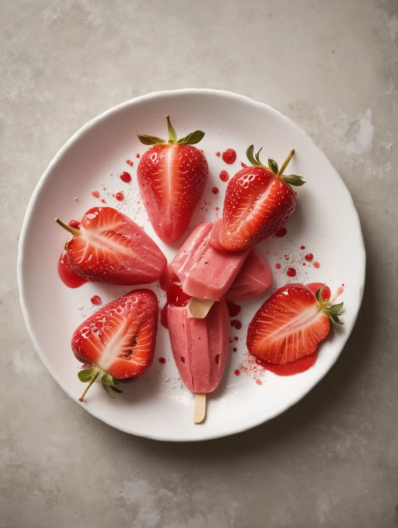 "Strawberry Popsicle on White Plate": A close-up image of a pink strawberry popsicle sliced into perfect, even segments, neatly arranged on a clean white plate. Beside it, two fresh strawberry halves are placed for garnish. The plate is set on a smooth, light gray stone surface. The scene is minimalistic, with a slight shadow adding depth, and the strawberries exude a natural, juicy vibrance. (Add a soft sprinkle of powdered sugar on the plate for a touch of extra detail).