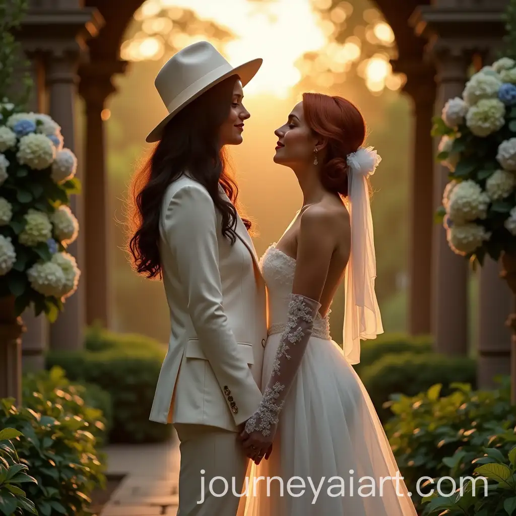 Romantic-Sunset-Wedding-Between-Two-Women-Surrounded-by-Lush-Greenery