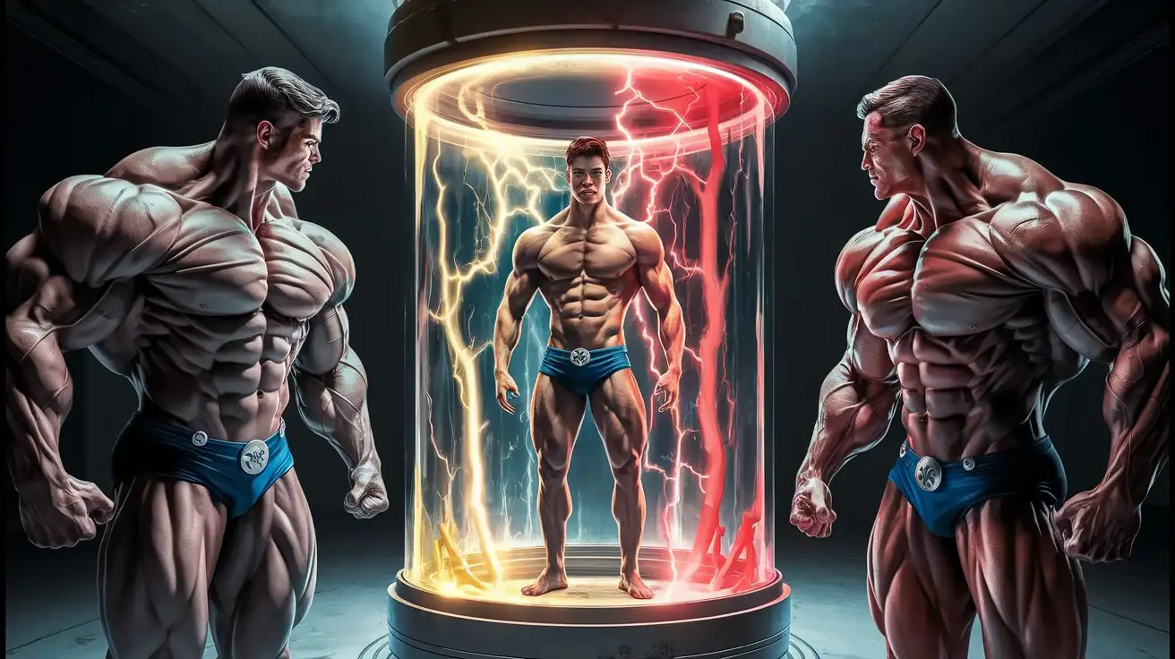 Two powerfully muscled, hugely ripped, pumped, 23-year-old musclegod superheroes watch as a well muscled, 18-year-old bodybuilder stands inside a glass chamber full of luminous golden and red electricity. Photorealistic.