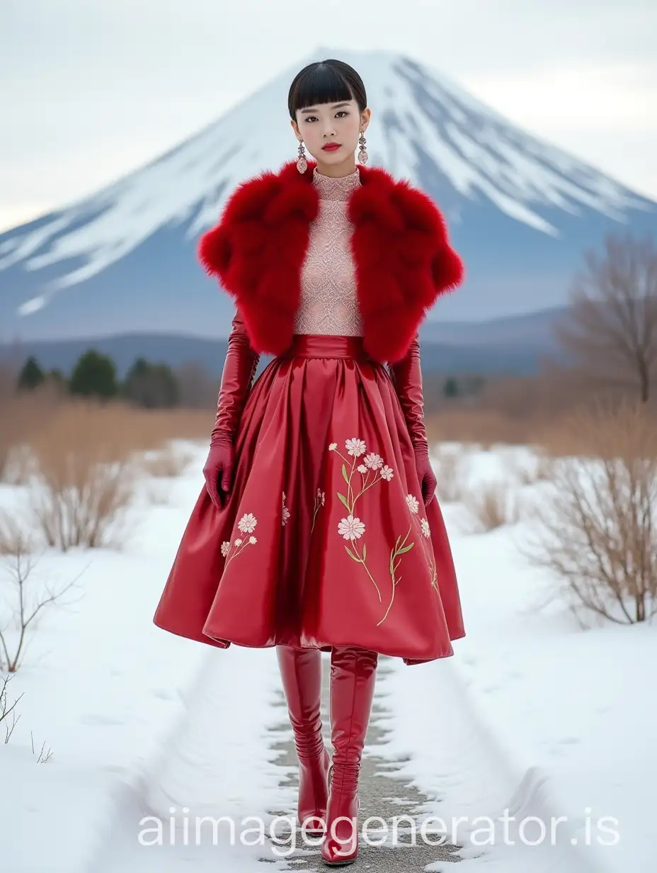 Japanese-Model-in-Fashionable-Dandy-Outfit-on-Snowy-Path-with-Mount-Fujiyama-in-Background