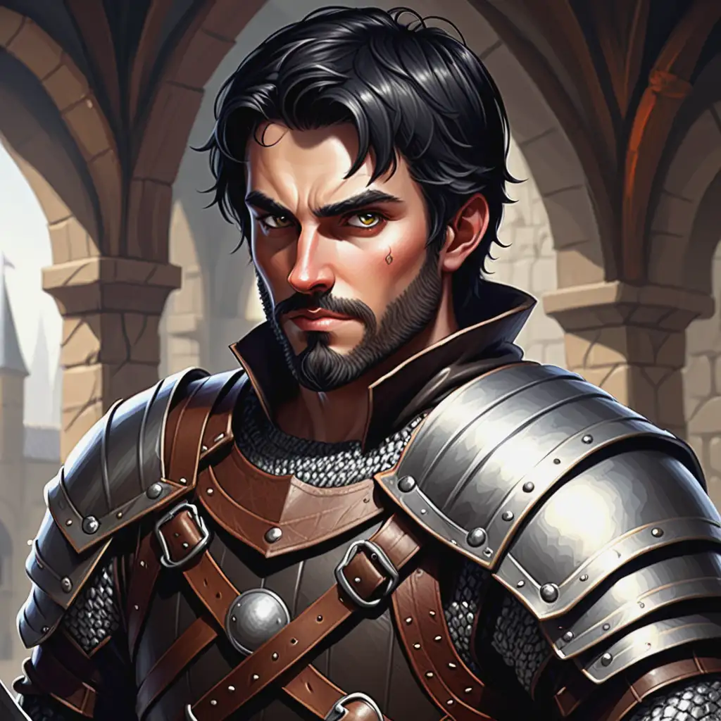 Odd ball man as a handsome rogue in leather armor, he is an adventurer, unique face, scale mail armor, short black hair, he is attractive, he has a short beard