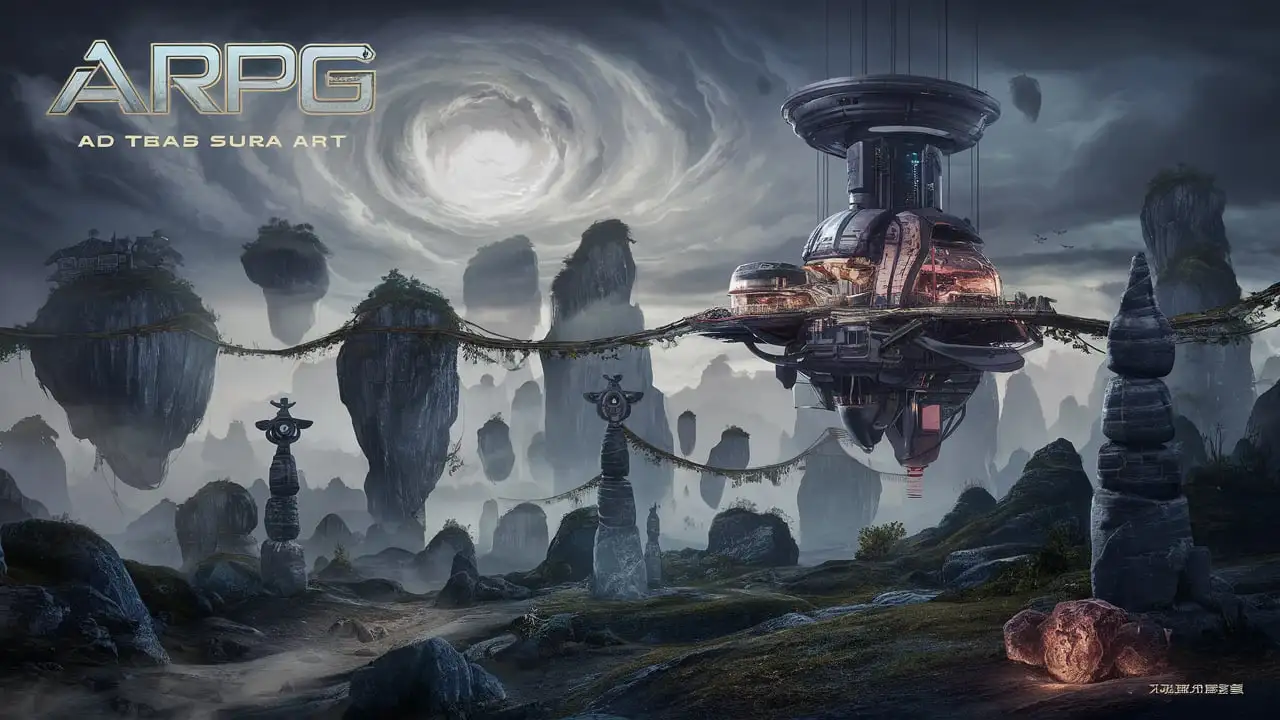 Stylized ARPG Video Game Cover Art Alien World Misty Rock Spires and SciFi Outpost