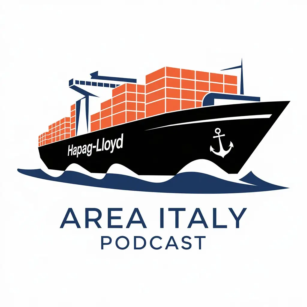 LOGO Design for Area Italy Podcast Cargo Ship with Orange Containers Black Hull and HapagLloyd Branding