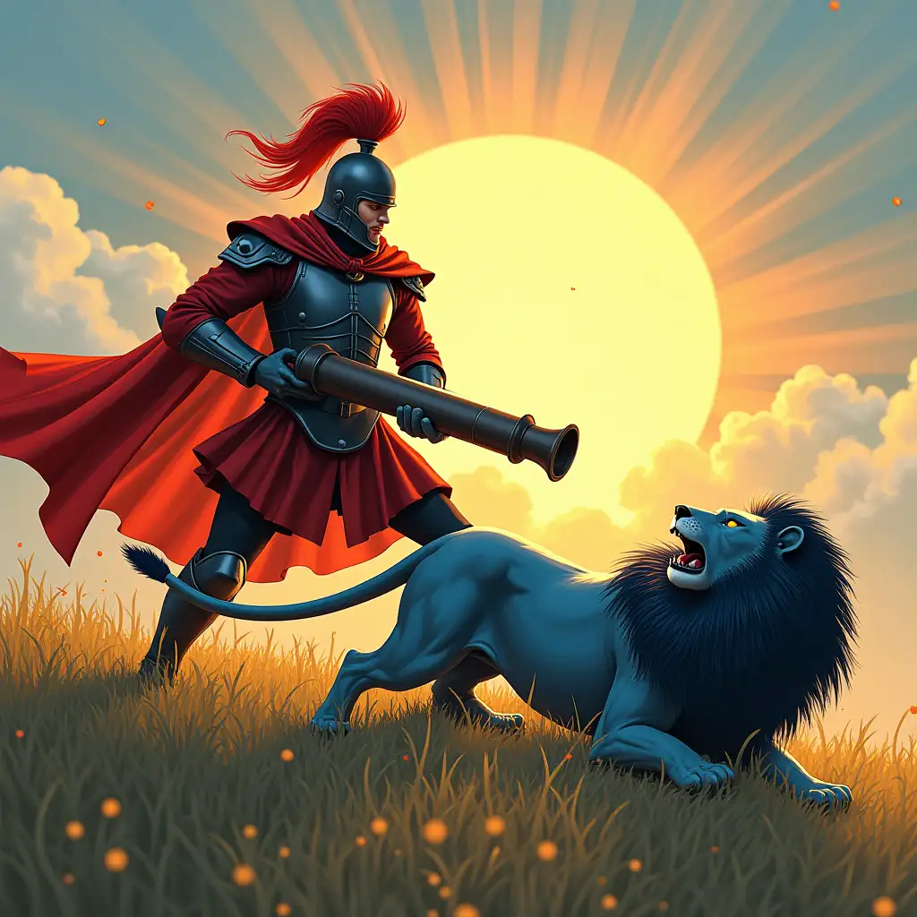 an epic and heroic fight scene. A red soldier pins a blue lion down in the grass with a cannon and stands above him. The lion is scared as hell.In the back the sun is bursting because spring is arriving.