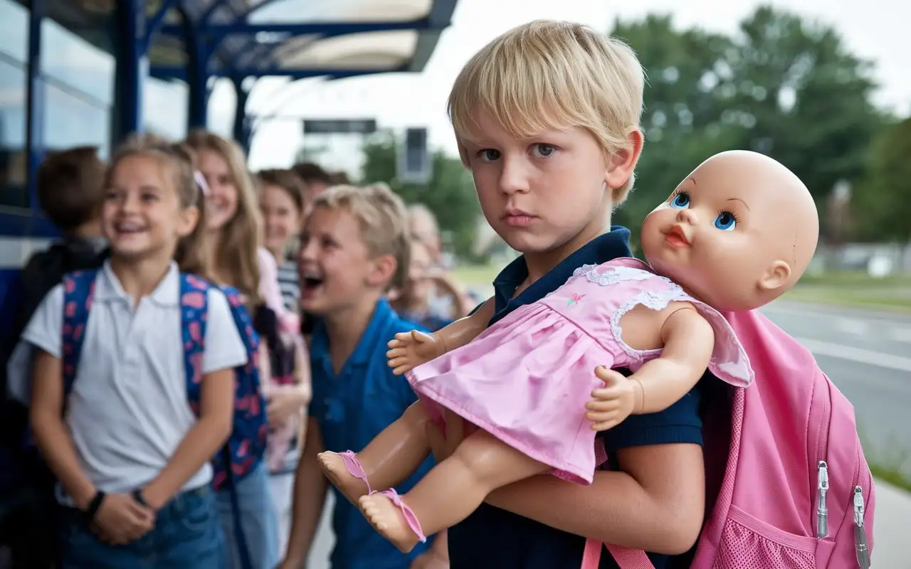 Young preteen blonde boy with a serious look on his face wearing a pink backpack waiting for the school bus with other kids who are laughing while holding a big baby doll wearing a pink dress with no shoes