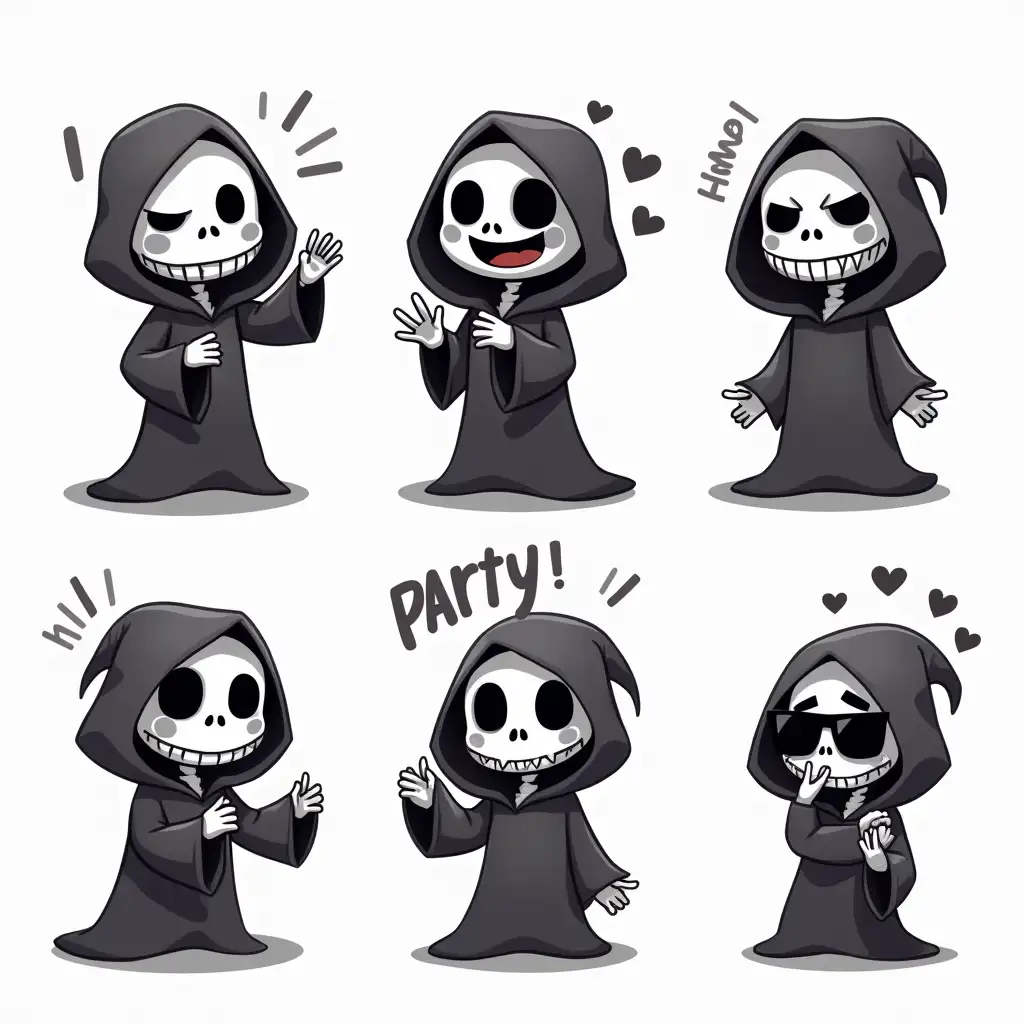 A set of six Twitch emotes featuring a cartoon Grim Reaper character in grayscale with a dark hooded robe and expressive skeletal face. Each emote has a unique emotion and pose: 1) Grim Reaper winking with a playful smile, 2) Grim Reaper laughing tears with an open mouth and closed eyes, 3) Grim Reaper in love surrounded by hearts, 4) Grim Reaper wearing sunglasses, 5) Grim Reaper doing a party with 'Party' as text above, 6) Grim Reaper doing a hug. Each emote has a transparent background, and they are arranged in a 2x3 grid format. Each expression is clear and distinct for Twitch emote use.