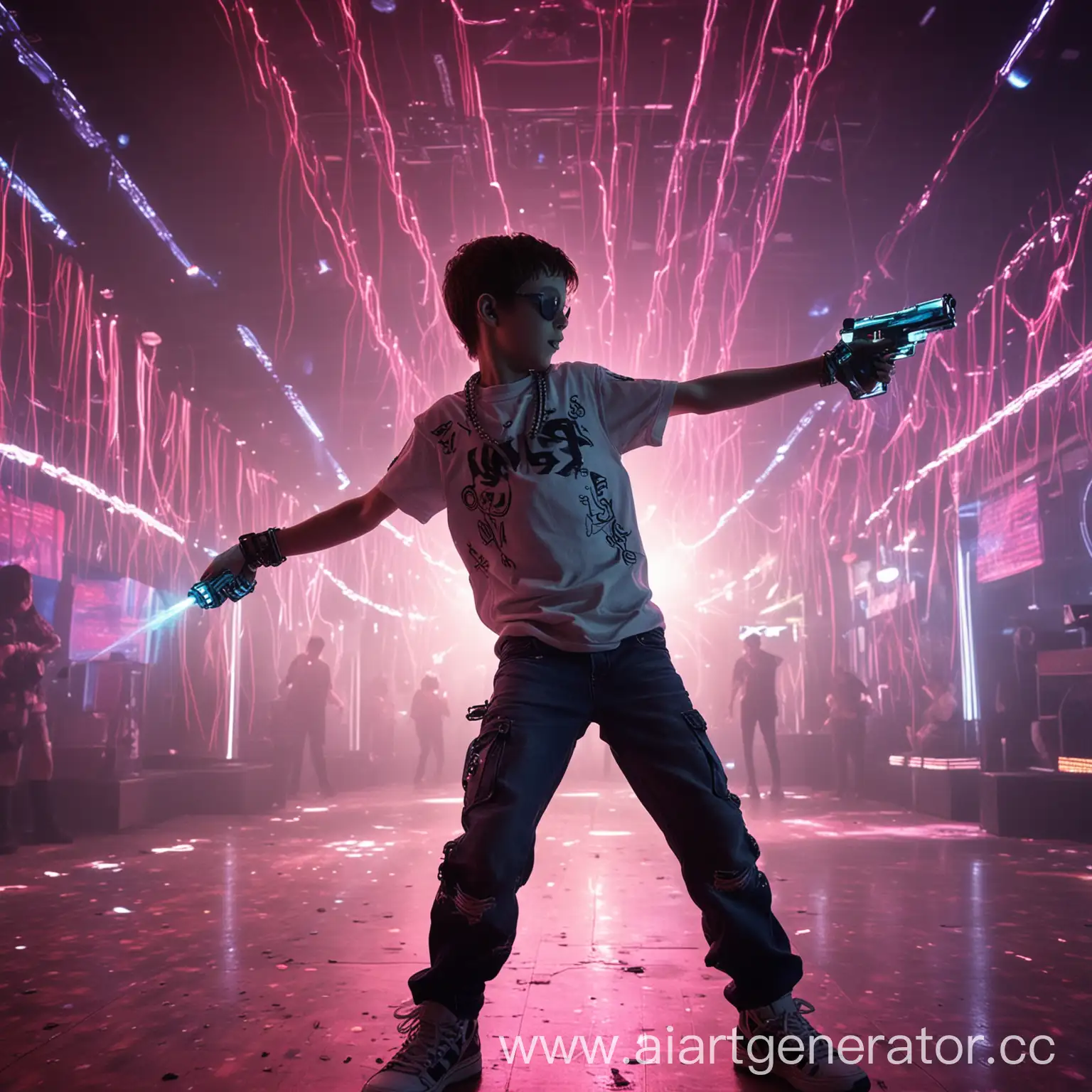 Boy-Dancing-with-Laser-Gun-at-Cyberpunk-Discotheque