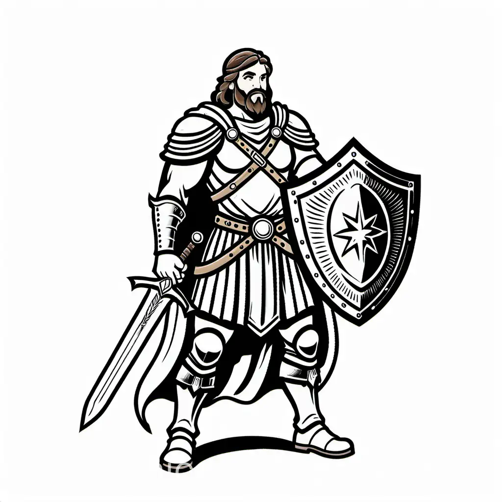 bible hero holding a sword and shield , Coloring Page, black and white, line art, white background, Simplicity, Ample White Space. The background of the coloring page is plain white to make it easy for young children to color within the lines. The outlines of all the subjects are easy to distinguish, making it simple for kids to color without too much difficulty