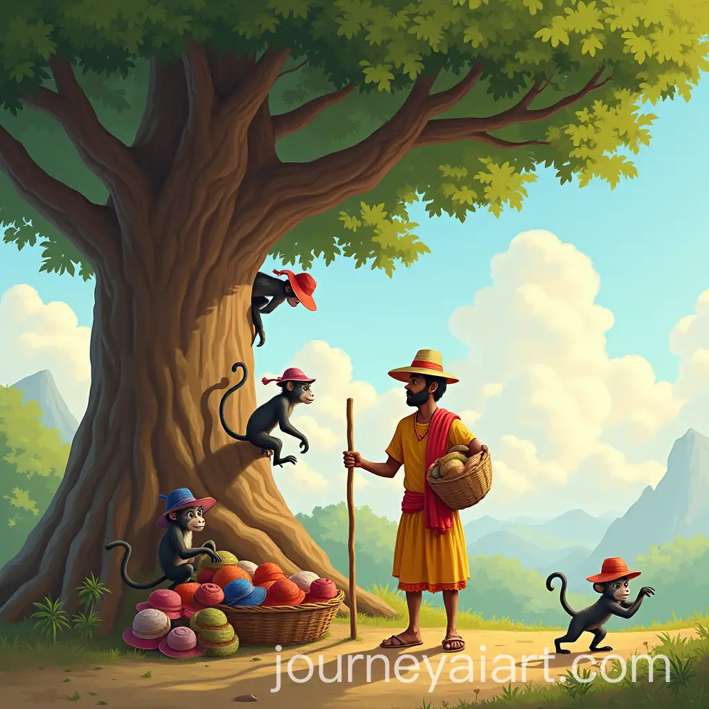 Monkeys-Playing-with-Colorful-Hats-Under-the-Shady-Tree