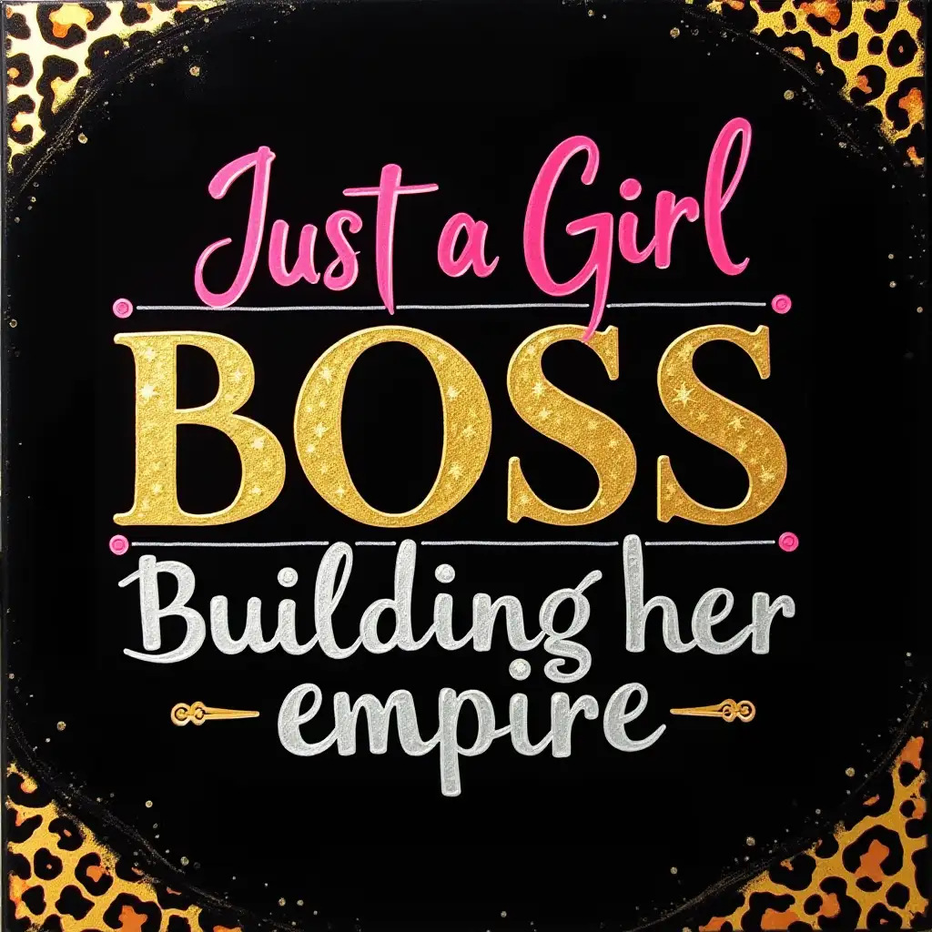 A bold and stylish design featuring the phrase 'Just a Girl Boss Building Her Empire' in a mix of modern fonts. ‘Girl’ is in elegant pink script, ‘BOSS’ is large, glittery gold with a 3D effect, and ‘Building Her Empire’ is in sleek metallic gray and gold. The background is black with gold leopard print accents on the top and bottom, adding a chic and empowering vibe. The composition is a single cohesive image, not split into sections.  oil art