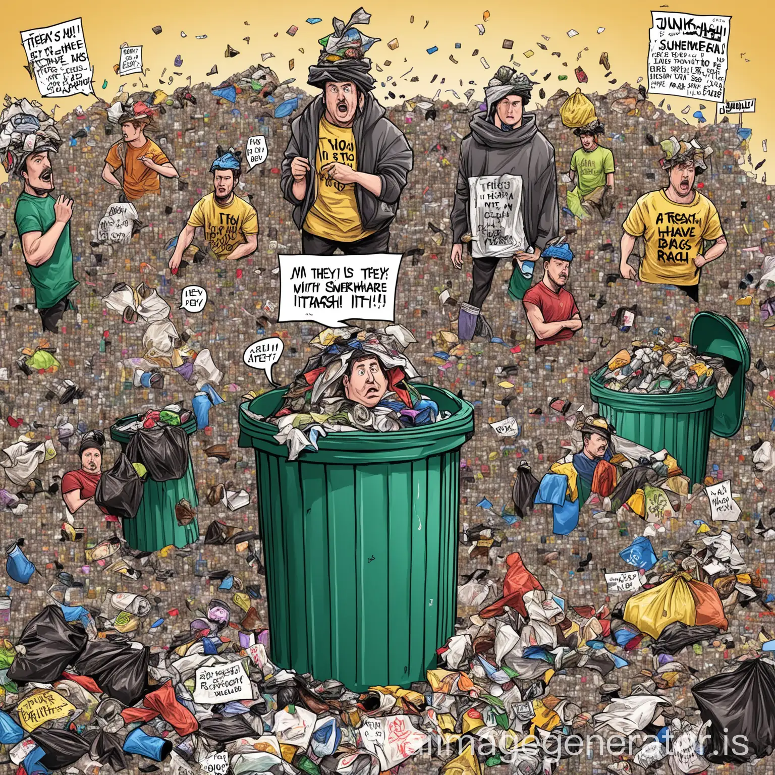 in this image there are several men doing a fashion show, they are dressed with trash, in garbage and trash with junk, they have a trash can on their heads and trash bags on their bodies, it is written somewhere in the image: 'By JunkLOL, HD quality, funny, ridiculous, comics'