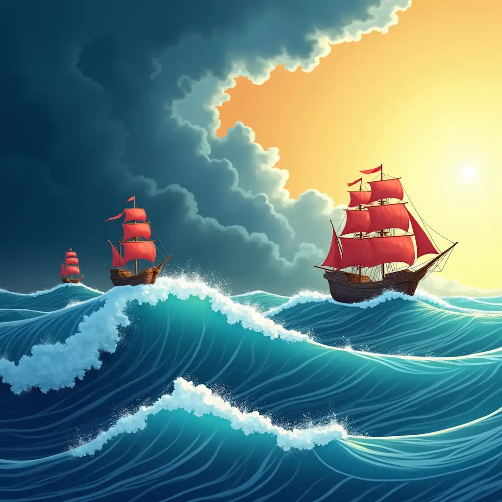 Vector graphics scene : ocean three wave stages, on the first small ship, on the second stage a medium ship, on top of the last third large wave a large ship with red sails. Dark stormy sky on the left. On the right is a bright sunny bright sky.