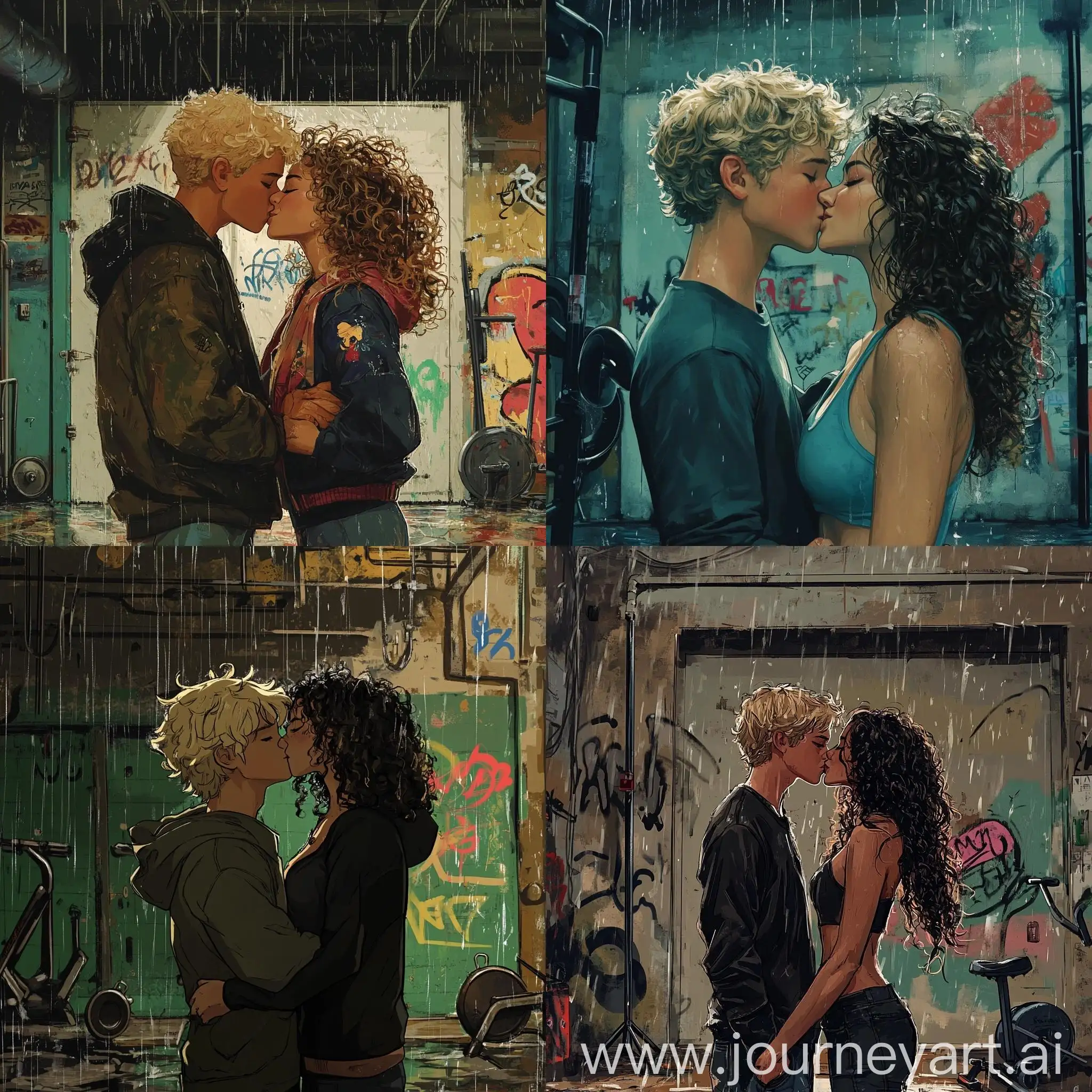 Romantic-Kiss-in-Rain-with-Graffiti-Garage-Background