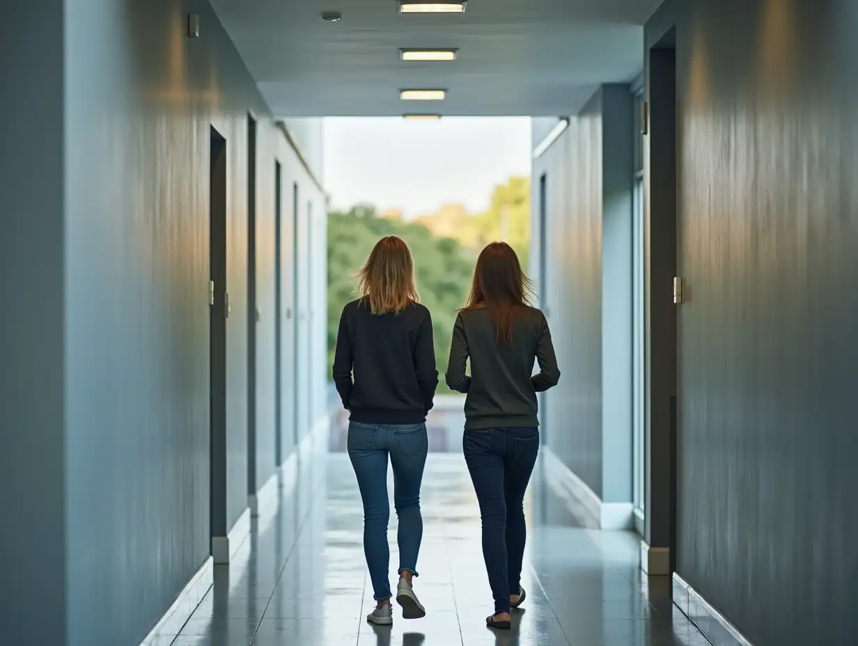 two women aged 50 are walking down a gray corridor view from behind