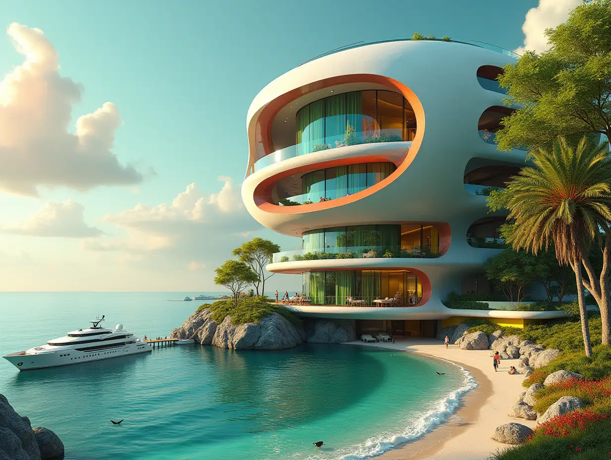 Create a high-resolution, realistic image of a futuristic terrace building with ellipse window house with bridge, a yacht and a small beach with many people and animals  many plants and green and yellow and red facades  with sea with waves, big trees, orange clouds 20 mm wide angle shots