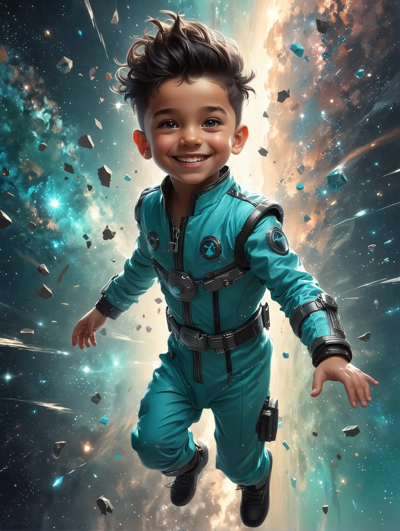 TransformersStyle White Grey, a cute little boy with an oval face, black eyes, and a neat black mohawk smiling as he floats in space with stars all around him. He is wearing a turquoise suit, his whole body. Beautiful painting by Artgerm and Greg Rutkowski and Alphonse Mucha, technology, science fiction, tech, metallic, 24mm, (analog, cinematic, film grain:1.3), Bokeh DOF, (Masterpiece:1.3) (best quality:1.2) (high quality:1.1)