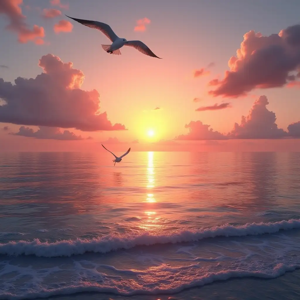 A majestic sunset over a tranquil ocean, with the sun dipping just below the horizon. The sky is painted with vibrant hues of orange, pink, and purple, reflecting off the calm water. In the foreground, a solitary seagull glides gracefully over the waves, its feathers detailed and sharp. The scene captures the serene beauty of nature, with every element rendered in stunning detail, from the texture of the water to the subtle gradients in the sky.