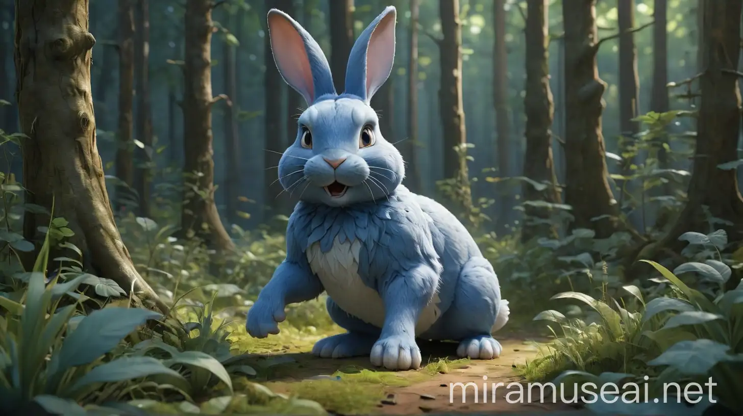 Big Blue Rabbit in Enchanted Forest Scene