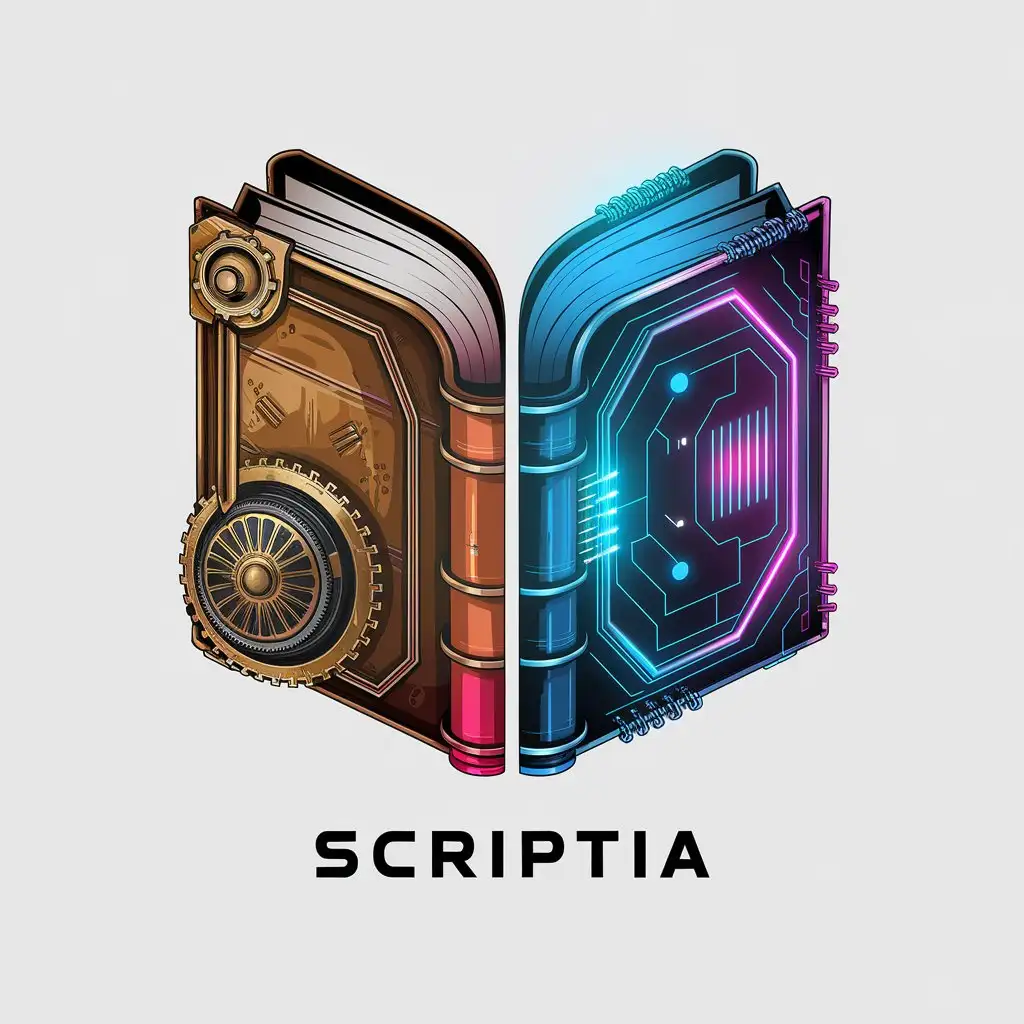 LOGO Design for ScriptIA Steampunk Cyberpunk Fusion with Book Symbol and Neon Accents