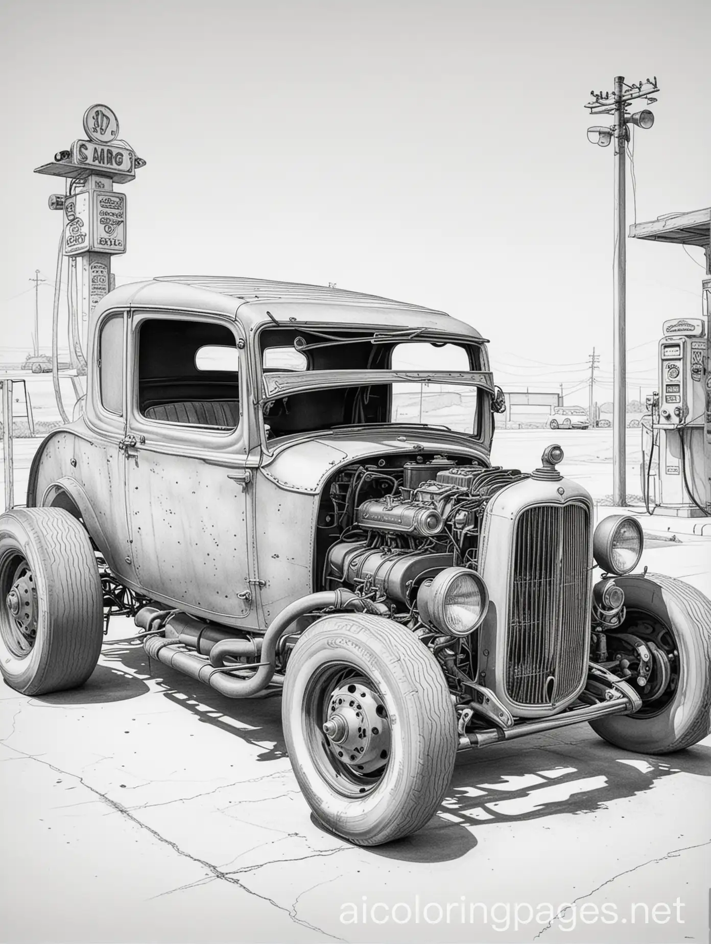 rat rod car at gas station, Coloring Page, black and white, line art, white background, Simplicity, Ample White Space. The background of the coloring page is plain white to make it easy for young children to color within the lines. The outlines of all the subjects are easy to distinguish, making it simple for kids to color without too much difficulty