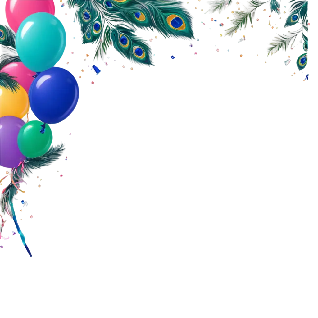 First birthday day invitation background border with peacock feathers and balloons