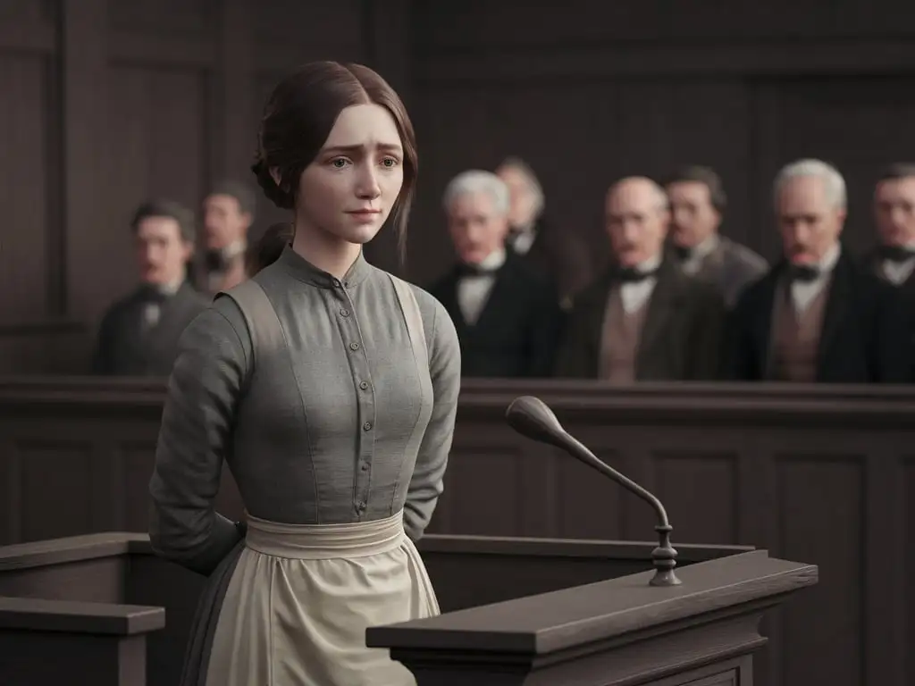 Sad Young Woman in Courtroom in 1800s Texas