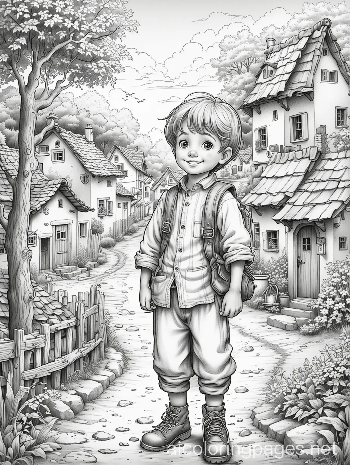 Cheerful-SixYearOld-Boy-in-Colorful-Old-Village-Setting-Childrens-Coloring-Page