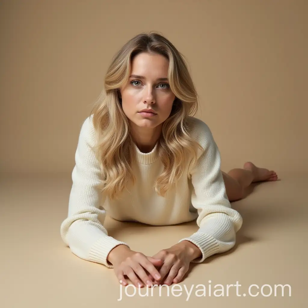 Portrait-ofAI-Image-Prompt-Expansion-a-Serious-Woman-in-White-Sweater-on-Beige-Background