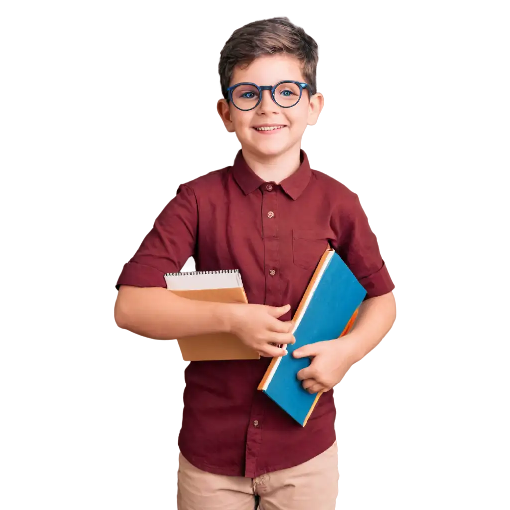 A cute boy holding books in his hands and wearing sight glasses