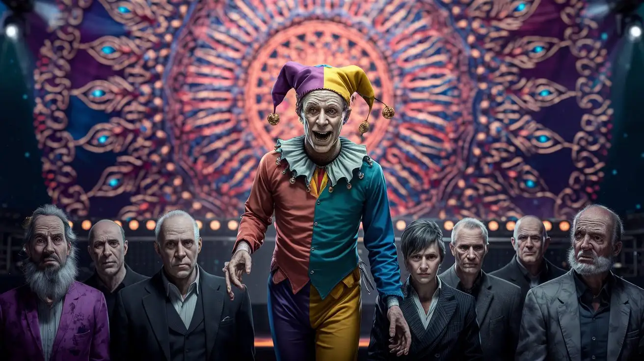 Photograph of An eerie salesman with a funny colorful jester hat leading a group of dull people, huge mandala in the back, lights on stage, realistic, highly detailed