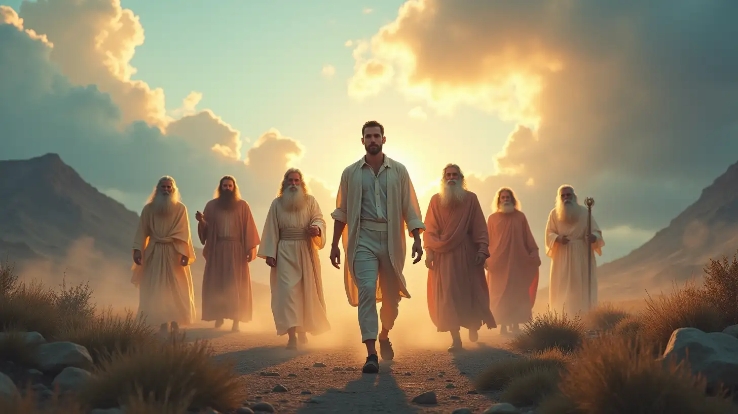 Man Walking with Transparent Spirit Figures in Dramatic Mountain Scene