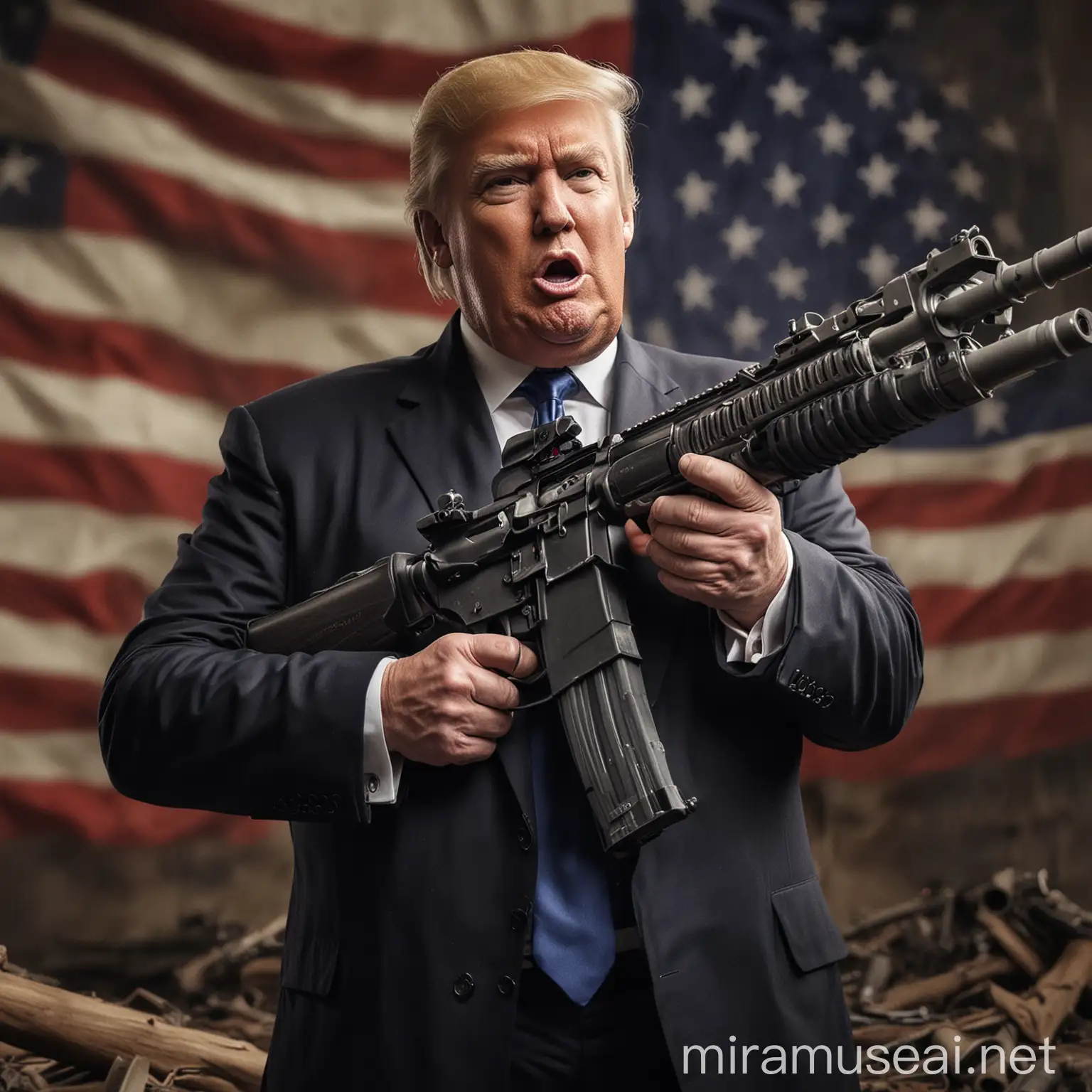 Donald Trump Firing Heavy Rifle with American Flag Background