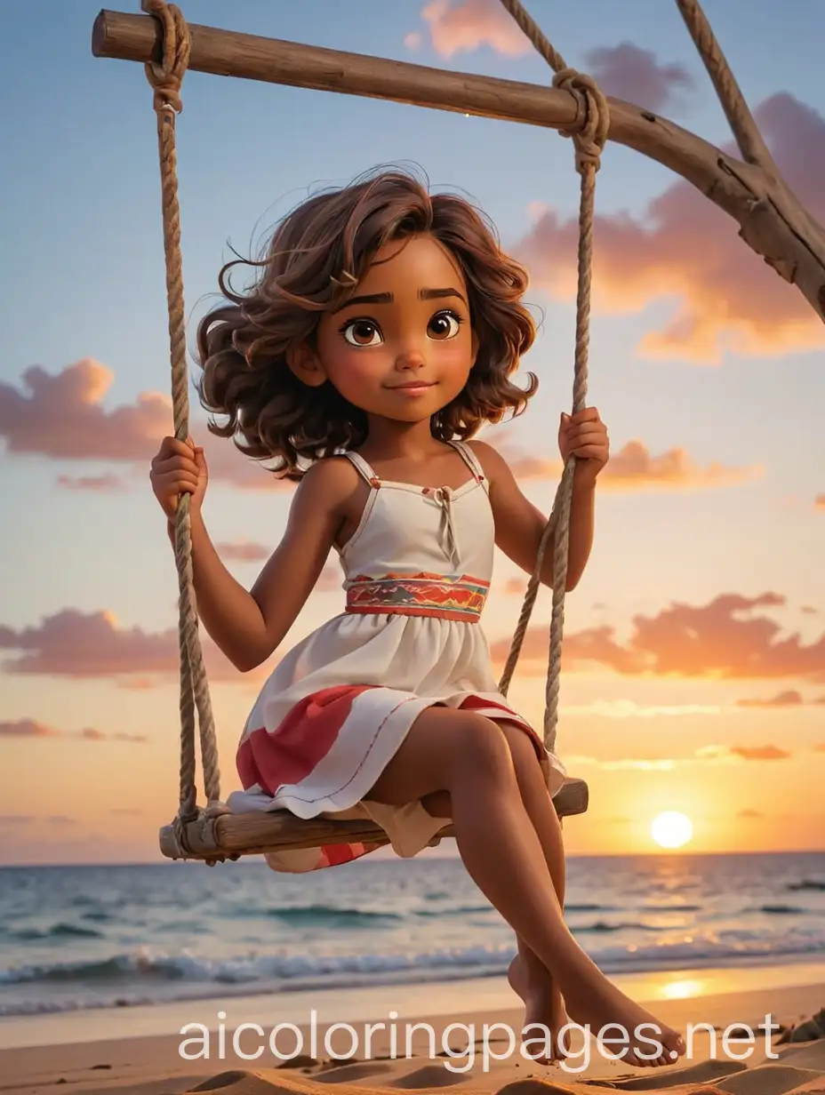 Coloring-Page-Hawaiian-Girl-on-Swing-with-Red-Sunrise-and-Blue-Sea-Background