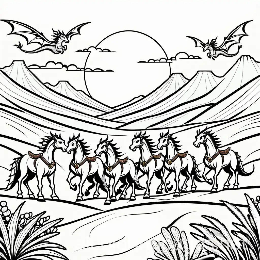 Coloring-Page-Knight-and-Five-Dragons-in-Desert