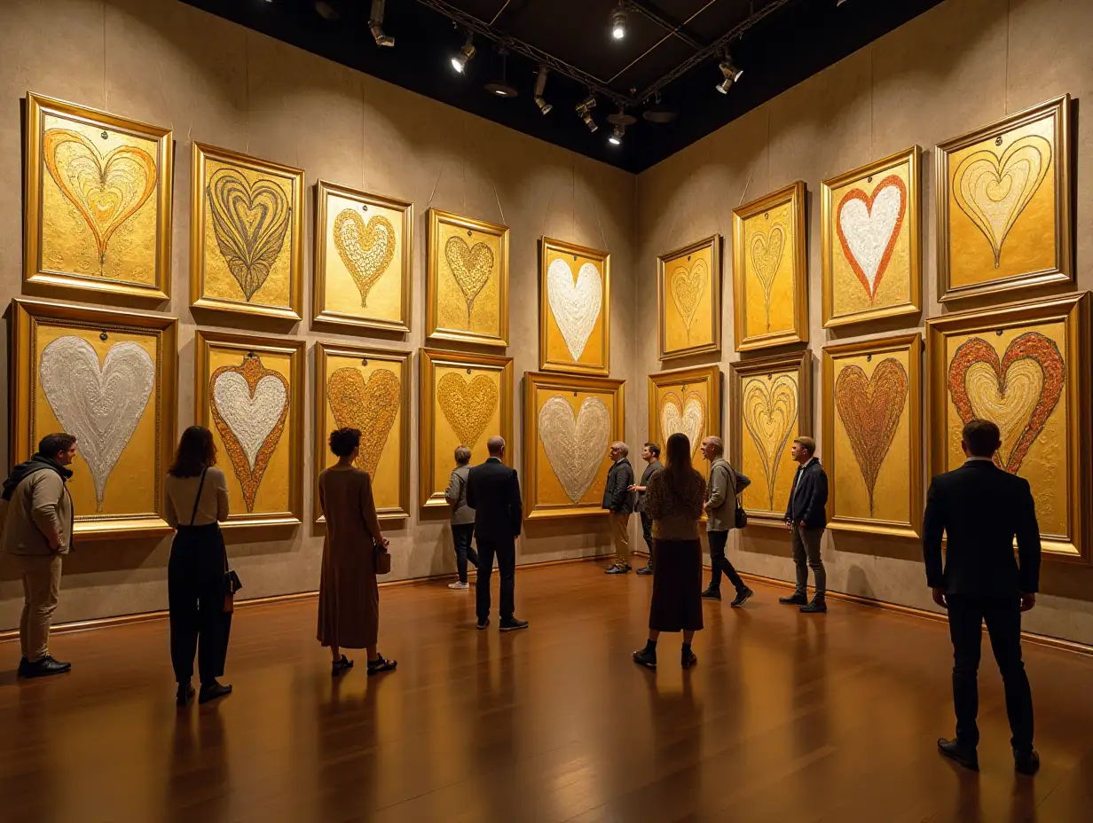 Gold-and-Silver-Heart-Paintings-in-a-Large-Art-Gallery