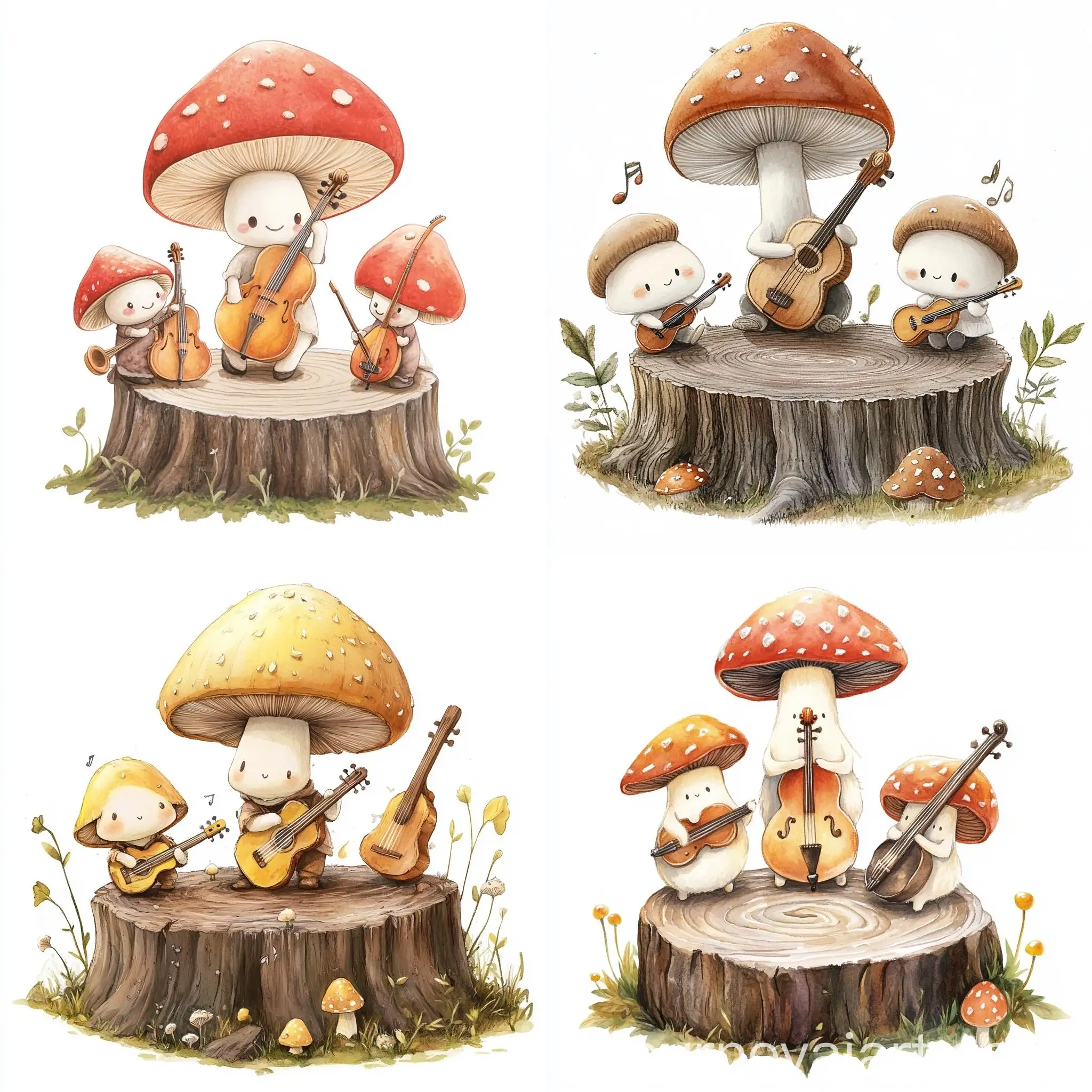 Whimsical-Trio-of-Musical-Mushrooms-on-Tree-Stump