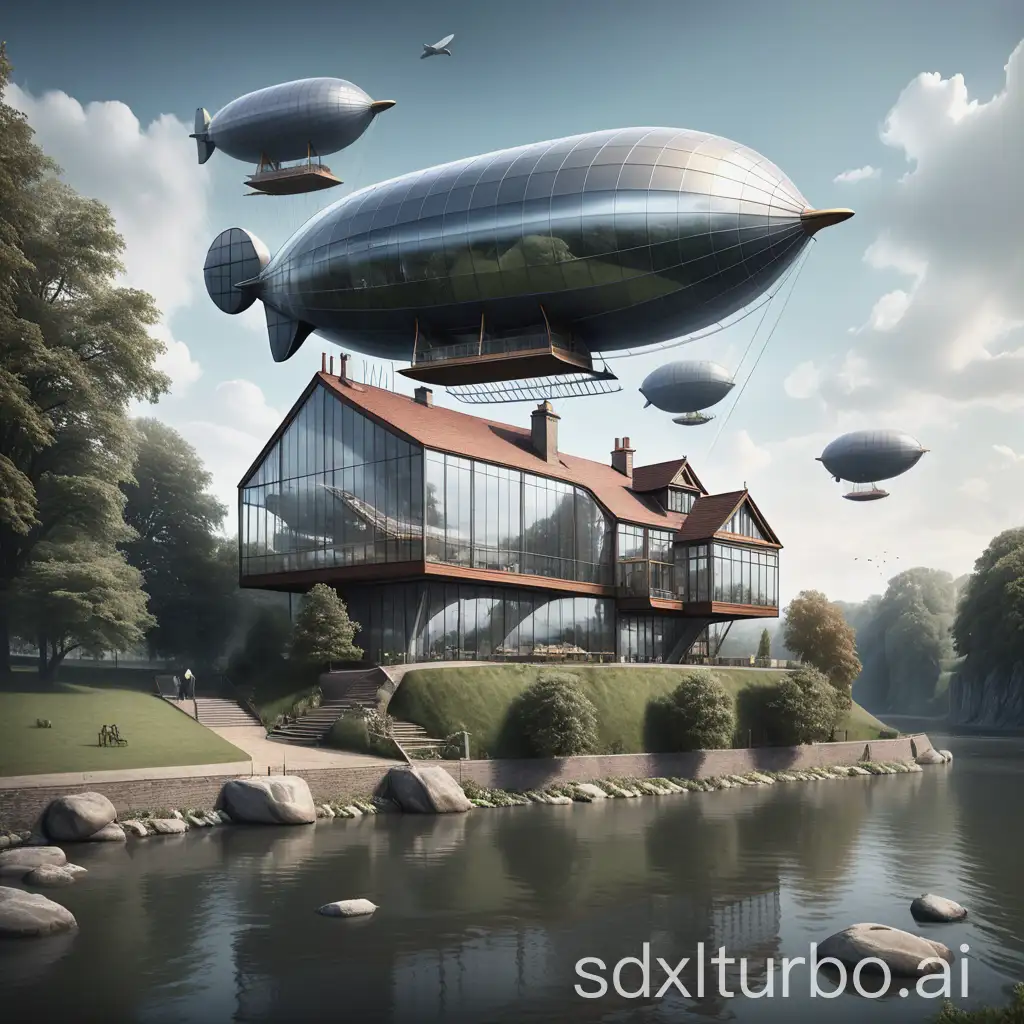 a house by the river with airships with three glass walls and a fourth stone wall