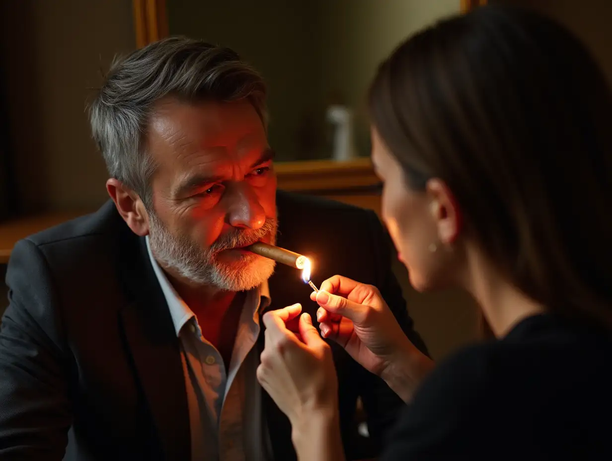 mature man, with a cigar in his lips and a brown-skinned woman lights his cigar