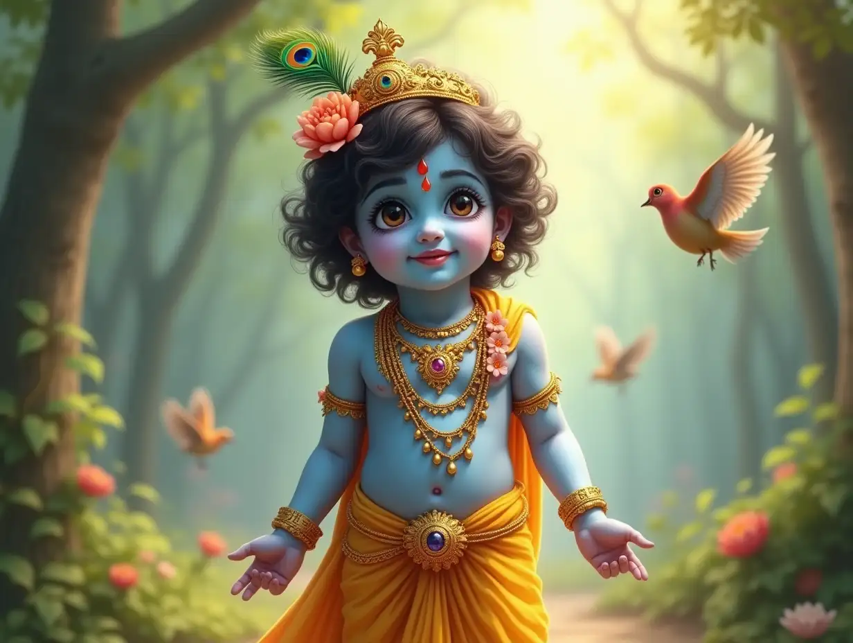 A detailed and enchanting digital painting of Lord Krishna as an 8-year-old divine boy. He has soft, glowing light sky blue skin, exuding peace and divinity. His loose curly hair is neatly styled, and a vibrant peacock feather is tucked into his round golden crown around head. Krishna wears a beautifully draped yellow dhoti with golden embroidery, along with a matching shawl over his shoulder and flower garland in his neck He is adorned with a jeweled golden crown, gold necklaces (one with a ruby or sapphire), intricately designed armlets, bracelets, and anklets with tiny bells. A golden waist belt secures his dhoti, and lotus-shaped earrings or gemstone-studded earrings complete his look. Krishna’s large almond-shaped eyes radiate love, playfulness, and smile. The background is a lush forest with sunlight filtering through the trees, creating a heavenly glow. Birds are flying and perched around the figure, adding to the peaceful and idyllic atmosphere. The figure's face is blurred, but the overall setting and details suggest a depiction of a divine or mythological scene. There are no math or homework problems in the image