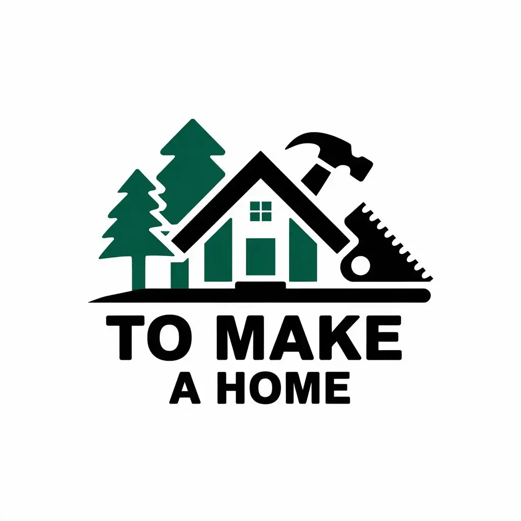 a vector logo design,with the text "to make a home", main symbol:House, trees, hammer, saw,Moderate,be used in Construction industry,clear background