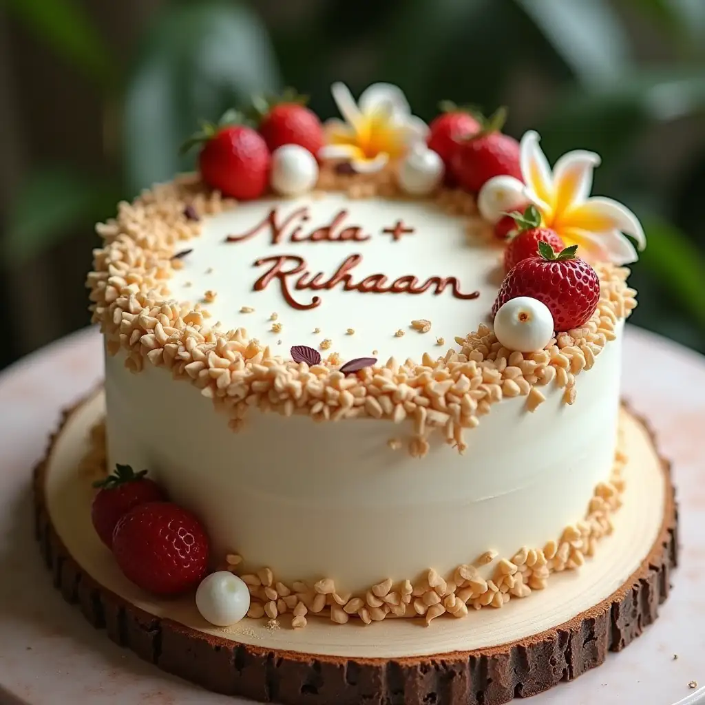 An aesthetic cake with Nida + Ruhaan written on it, make it look really natural